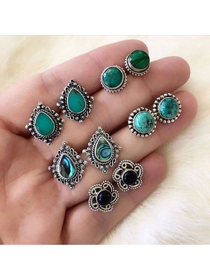 Renjie Shop C Gümüş Tarzı 5 Çift/takım 5 Çift Vintage Bohem Tarzı Turkuaz Kristal Oymalı Küpe Seti Etnik Hollow Çiçek Gümüş Küpe Seti Takı Kadın Hediye (Yurt Dışından)