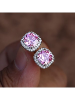 Renjie Shop C Pembe Tarzı 925 Ayar Gümüş 7mm Prenses Kare Kesim Safir Topaz Ametist Zümrüt Puset Küpe Doğum Taşı Kristal Pençe Küpe Vida Geri Küpe (Yurt Dışından)