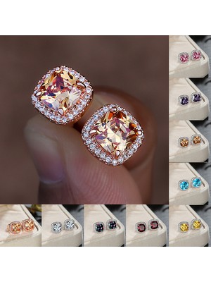 Renjie Shop C Pembe Tarzı 925 Ayar Gümüş 7mm Prenses Kare Kesim Safir Topaz Ametist Zümrüt Puset Küpe Doğum Taşı Kristal Pençe Küpe Vida Geri Küpe (Yurt Dışından)