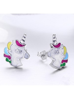 Renjie Shop C Gümüş Tarzı Küçük Kızlar Için Gümüş Sevimli Renkli Unicorn Küpe Fairy Hayvan Şekilli Mücevher (Yurt Dışından)