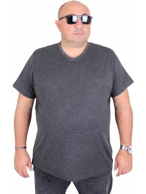 Starbattal Erkek Büyük Beden Likralı Basic V Yaka Tişört 11170 Antrasit Melanj