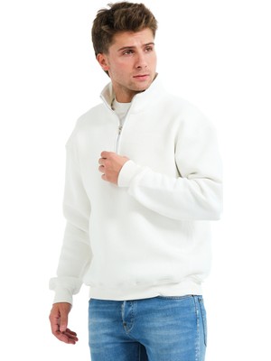 Justever Regular Fit Dik Yaka Yarı Fermuarlı Şardonlu Ekru Erkek Sweatshirt - Prime