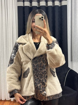 Shine & Style Leopar Desen Payetli Bej Kürk