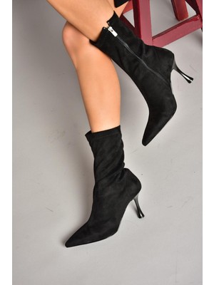 T752582402 Siyah Süet Ince Topuklu Kadın Bot