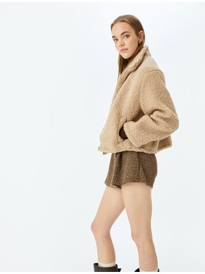 Koton Dik Yaka Cep Detaylı Fermuarlı Peluş Ceket