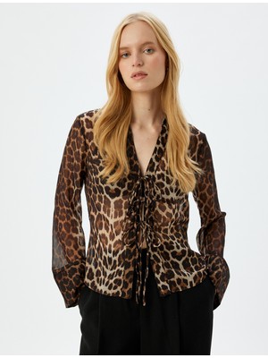 Koton Önden Bağlamalı Fiyonk Detaylı Transparan Tül Leopar Desenli Bluz