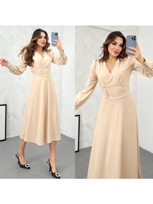 Şems Fashion Örme Crep Kumaş Düğme Detaylı Kruvaze Yaka Elbise Uzun Elbise Elbise