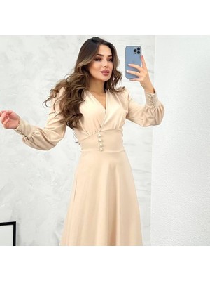 Şems Fashion Örme Crep Kumaş Düğme Detaylı Kruvaze Yaka Elbise Uzun Elbise Elbise