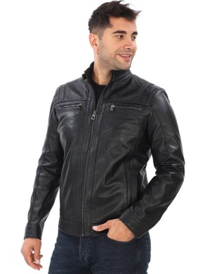 Spor Model Erkek Deri Mont Siyah Renk