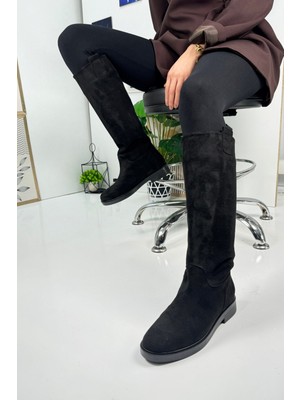 Nstil Günlük Kadın Diz Altı Çizme Alçak Topuklu Tırtıklı Tabanlı Oval Burunlu Kürklü Astarlı Sade Rahat 1050