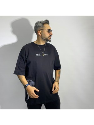 Tokyo Temalı Siyah Erkek Oversize T-Shirt