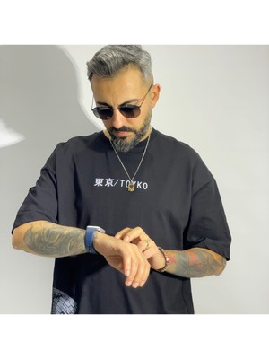 Tokyo Temalı Siyah Erkek Oversize T-Shirt