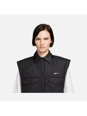 Nike Sportswear Essential Quilting Fabric Full-Snap Kadın Oversize Bol Kesim Siyah Kolsuz Yelek FB8737