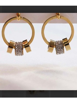 Stainless Steel Çelik Gold Sallantılı Charm Küpe Taşlı Halka Küpe Pandora Tarzı Küpe