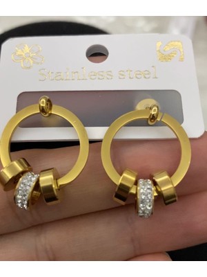 Stainless Steel Çelik Gold Sallantılı Charm Küpe Taşlı Halka Küpe Pandora Tarzı Küpe