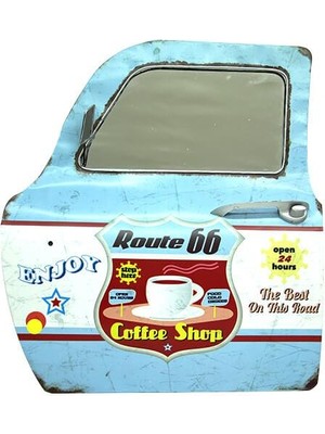 Dekoratif Route 66 Coffeetemalı Mavi Araba Kapısı Ayna