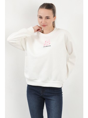 Kadın Bisiklet Yaka Tavşan Baskılı Oversize Sweatshirt Beyaz - 2586