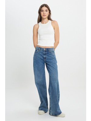Wide Leg Yüksek Bel Geniş Paça %100 Pamuk Mavi Jean Denim Pantolon