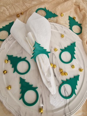 Yılbaşı Için Ağaç Temalı 8 Li Yeşil Renk Peçete Halkası(Sert Plastiktir)