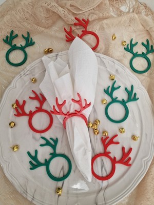 Yılbaşı Için Geyik 2 Temalı 8 Li Kırmızı-Yeşil Renk Peçete Halkası(Sert Plastiktir)