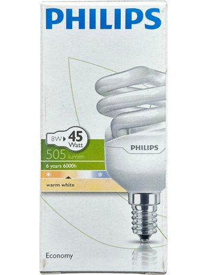 Philips 8W (45W) 2700K (Sarı Işık) E14 Duylu (İnce Duy) Floresan Ampul