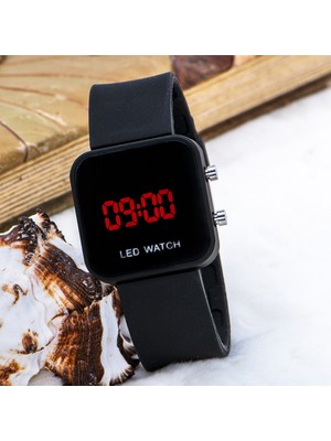 Rower Mat Siyah Kare Dijital LED Ekran Siyah Silikon Kordonlu Unisex Kol Saat ST-303612