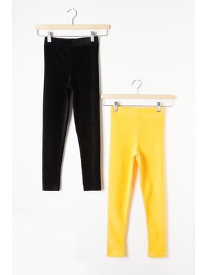 Cansın Mini Kız Çocuk Fitilli 2li Kadife Tayt Siyah-Sarı 20066