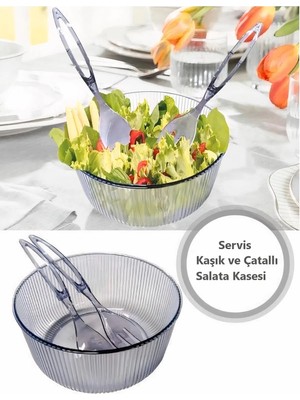 Toptanbulurum Akrilik, Yuvarlak, Servis Kaşığı ve Çatallı Salata Kasesi Servis Sunum Tabağı 23 cm