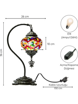 byturkishlamps El Yapımı Mozaik Lamba Renkli Masaüstü Gece Lambası Dekoratif Deve (Kuğu) Boynu Masa Başucu Abajur