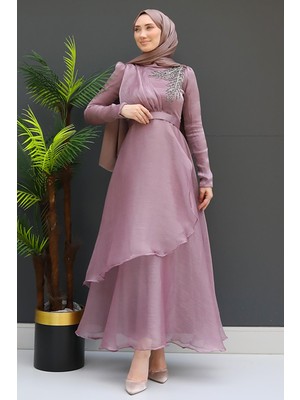 Taşlı Organze Abiye Açık Gül Kurusu
