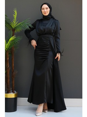 Giza Store Tüylü Saten Tesettür Elbise Siyah