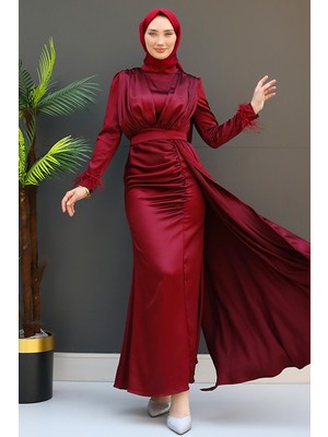 Tüylü Saten Tesettür Elbise Bordo