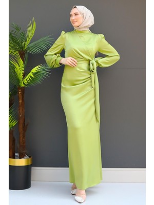 Giza Store Saten Yan Kuşaklı Elbise Yağ Yeşil