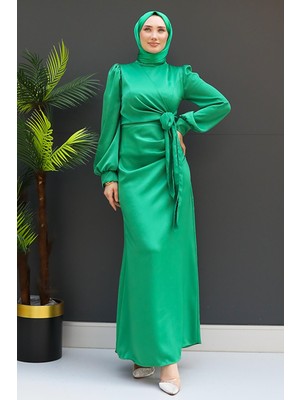 Giza Store Saten Yan Kuşaklı Elbise Açık Yeşil