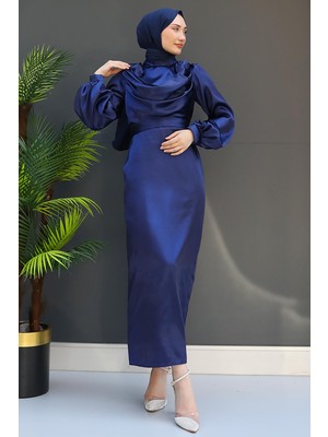 Naz Tesettür Abiye Elbise Gece Mavi