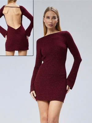 Derin Sırt Dekolteli Simli Mini Elbise