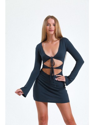 Antrasit Pencere/cut Out Dekolteli Mini Elbise