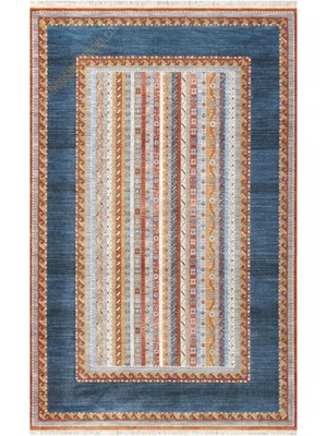 Gabardin Halı 7/24 Retro Tarzı 96 x 200 Toz Barındırmaz Viskon Halı 0123-LACİVERT