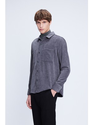 Gri Shacket Comfort Fit Uzun Kol Fitilli Kadife Gömlek