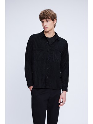 Siyah Shacket Comfort Fit Uzun Kol Fitilli Kadife Gömlek