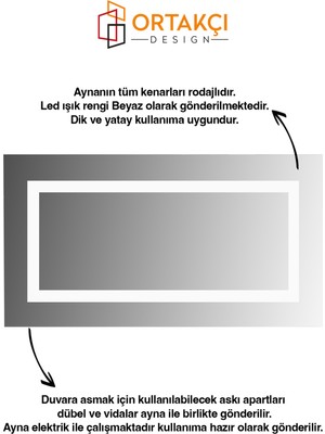 Ortakçı Design LED Ayna | Dikdörtgen Ledli Banyo Aynası  | Dekoratif Ledli Ayna - 100*50 cm