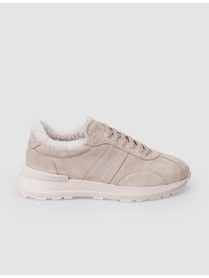 Cabani %100 Hakiki Deri Bej Süet Kürklü Kadın Spor Ayakkabı