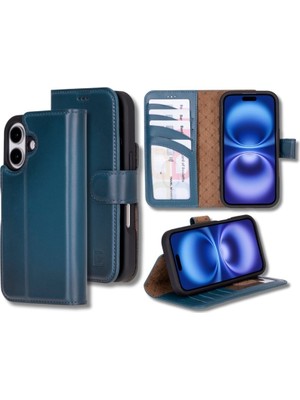Bouletta Apple iPhone 16 Uyumlu,  Deri, El Yapımı, Cüzdanlı Kılıf, Gölgeli Mavi