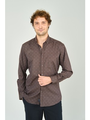 De Leone Erkek Slim Fit Desenli Uzun Kollu %100 Pamuk Gömlek 2045 Kahverengi