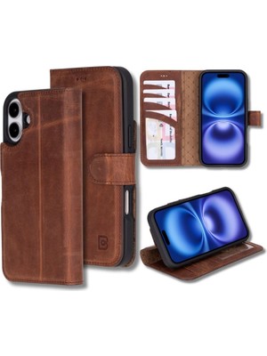 Bouletta Apple iPhone 16 Uyumlu,  Deri, El Yapımı, Cüzdanlı Kılıf, Antik Kahve