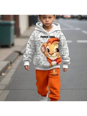 Kids Face Özel Tasarım Kapüşonlu Yavru Aslan Baskılı Şardonlu Kışlık Erkek Çocuk Eşofman Takımı