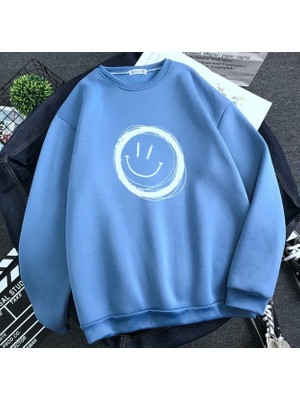 Kids Face Özel Tasarım Bisiklet Yaka Gülen Emoji Baskılı Şardonlu Kışlık Erkek Çocuk Sweatshırt