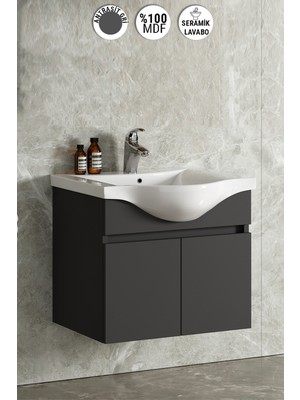 Özceden Yıldız 65CM  Komple Antrasit Gri Mat Renkli Mdf Alt Dolap ve Lavabo Taşı