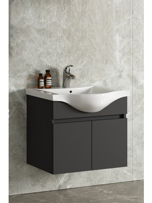 Özceden Yıldız 65CM  Komple Antrasit Gri Mat Renkli Mdf Alt Dolap ve Lavabo Taşı