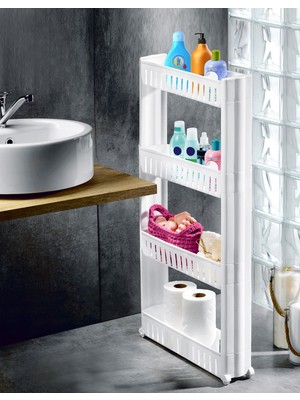 Mybox Fiore 4 Katlı Tekerlekli Banyo Düzenleyici Raf Ünitesi – Çok Amaçlı Dikdörtgen Slim Banyo Organizer